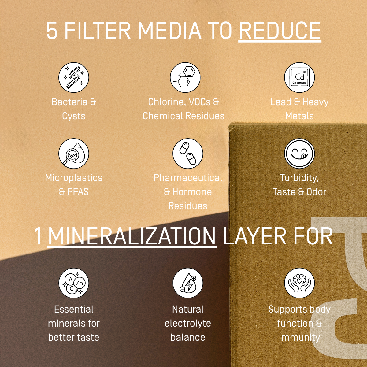 Filter media and mineralization layer for water purification on a brown background