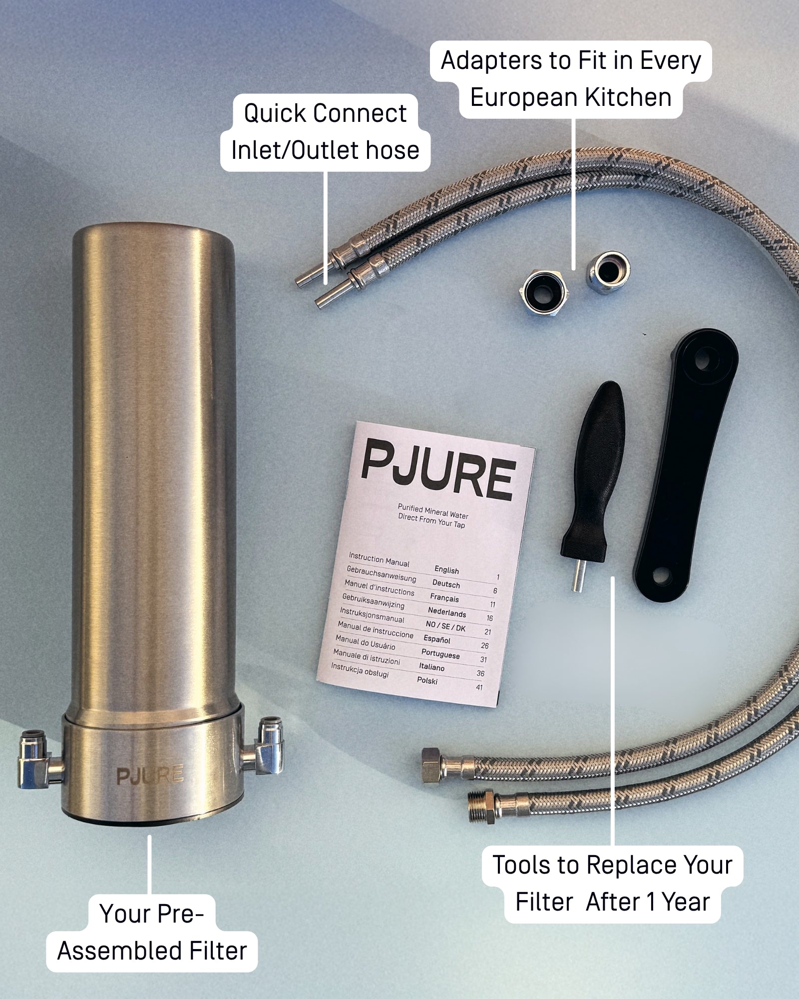 PJURE water filter system with components on a light blue background