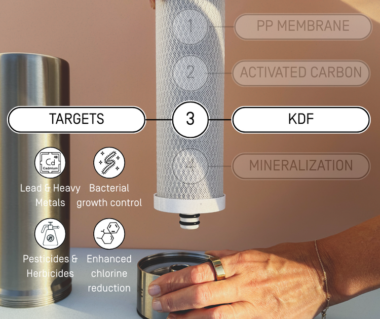 Water filter with labeled components explaining what the LDF layer targets.