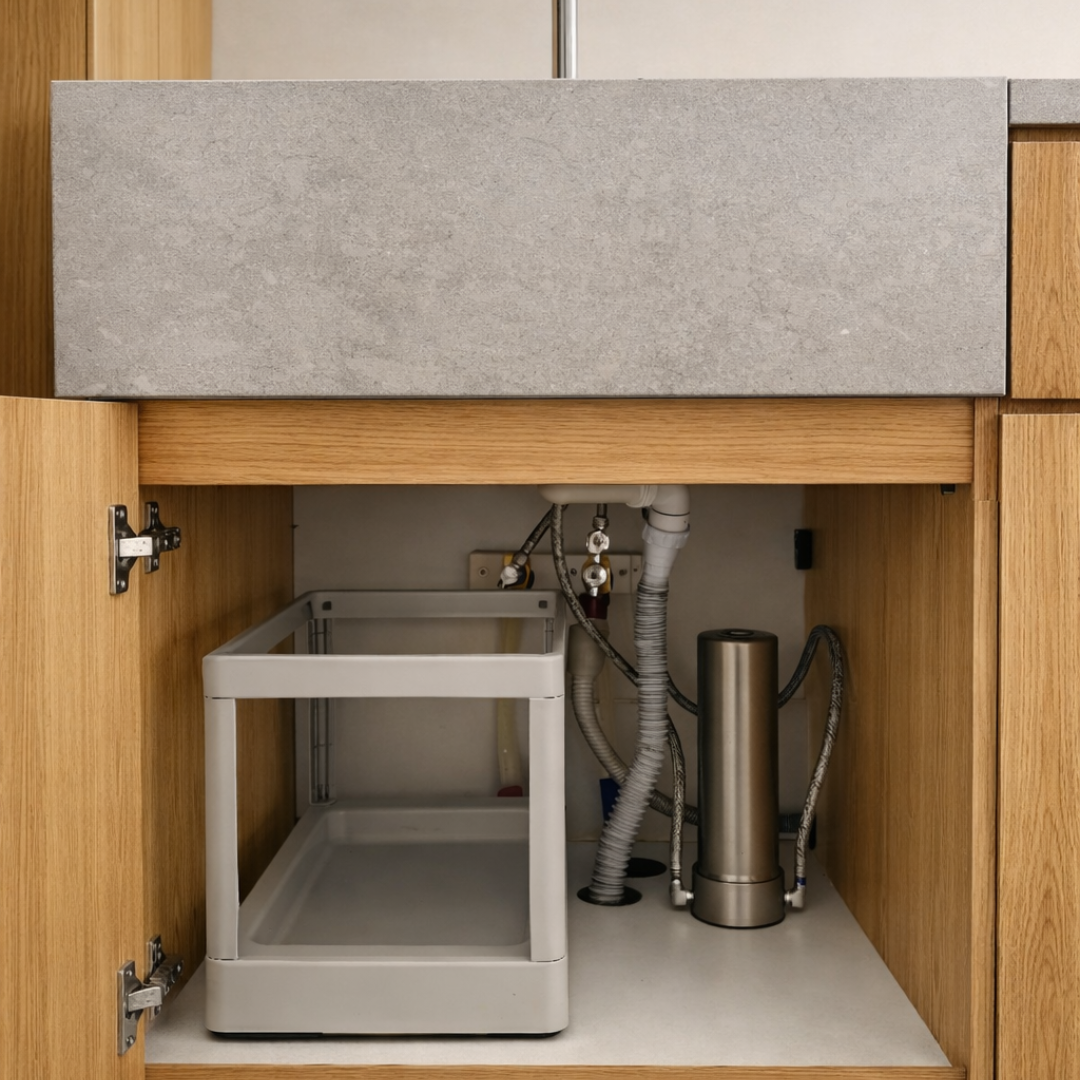 Open kitchen cabinet showing how to install the Pjure Filter