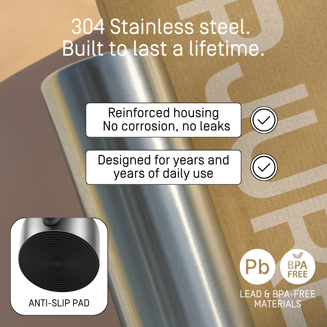 PJURE 304 food-grade stainless steel water filter housing — reinforced, corrosion-resistant, lead-free, BPA-free with anti-slip pad for years of daily use